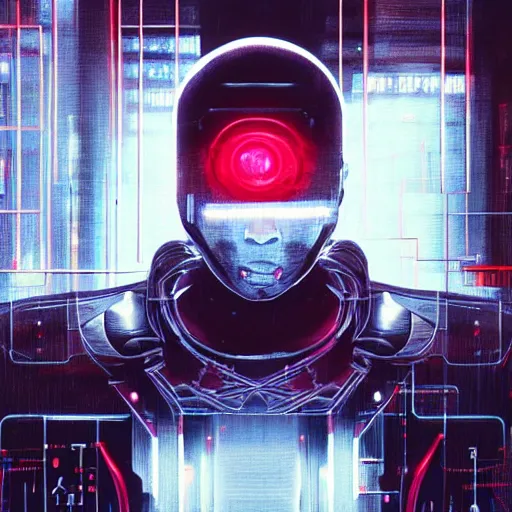 Image similar to concept art of a cyborg, cyberpunk, surrounded by smoke, award-winning art, black on red, hyperrealistic, by Sam Spratt, by Vlad Rodrig﻿u﻿e﻿z, computer screens in the background, trending on Artstation, dark, dramatic, cinematic, realistic studio lighting, realistic reflections, realistic light refractions, raytracing, 4k, professional, canon