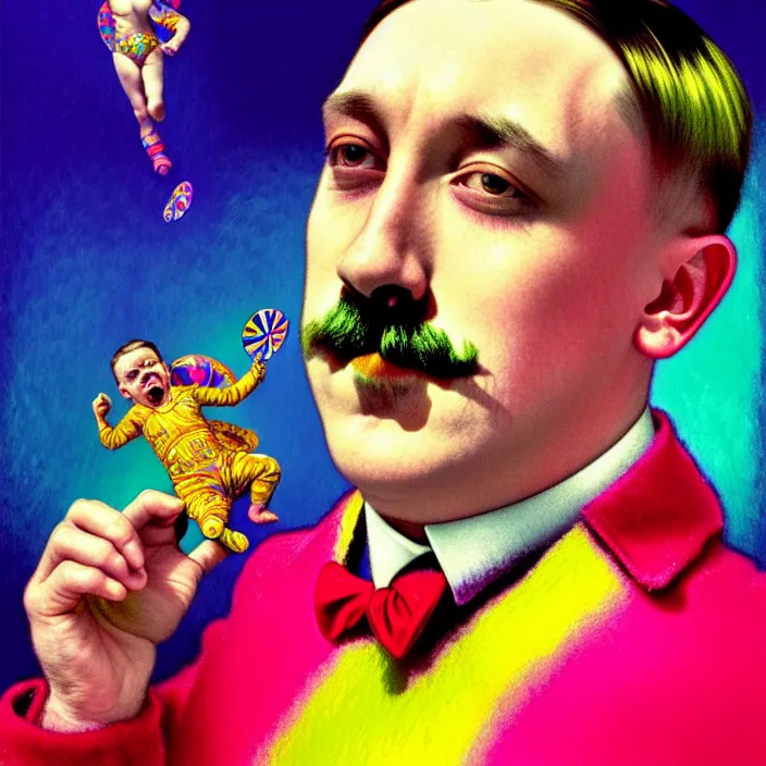 Prompt: bright psychedelic portrait of cute adolf hitler having fun at a pool party, diffuse lighting, fantasy, intricate, elegant, highly detailed, lifelike, photorealistic, digital painting, artstation, illustration, concept art, smooth, sharp focus, art by John Collier and Albert Aublet and Krenz Cushart and Artem Demura and Alphonse Mucha