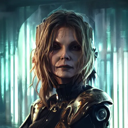 Image similar to michelle pfeiffer portrait, dystopia core, apocalyptic, armor, warrior, dramatic, sharp focus, fiction, neon, fantasy, hyper detailed, digital art, trending in artstation, cinematic lighting, studio quality, smooth render, unreal engine 5 rendered, octane rendered, art style and nixeu and wlop and krenz cushart