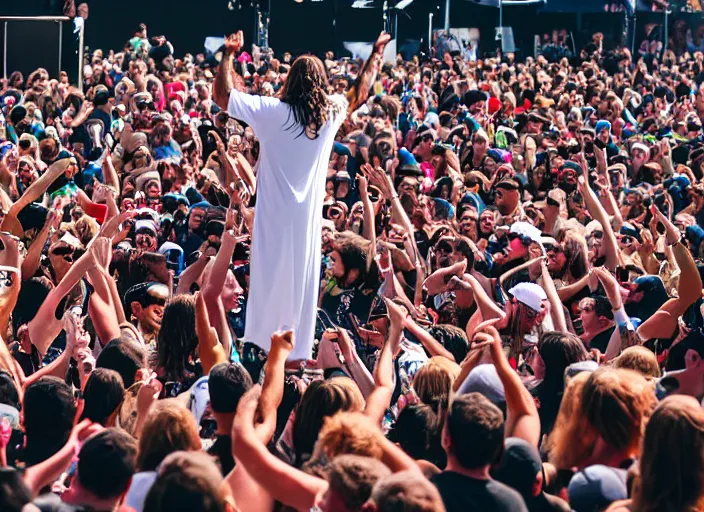 Prompt: photo still of jesus christ on stage at vans warped tour!!!!!!!! at age 3 2 years old 3 2 years of age!!!!!!! throwing bibles to the crowd, 8 k, 8 5 mm f 1. 8, studio lighting, rim light, right side key light