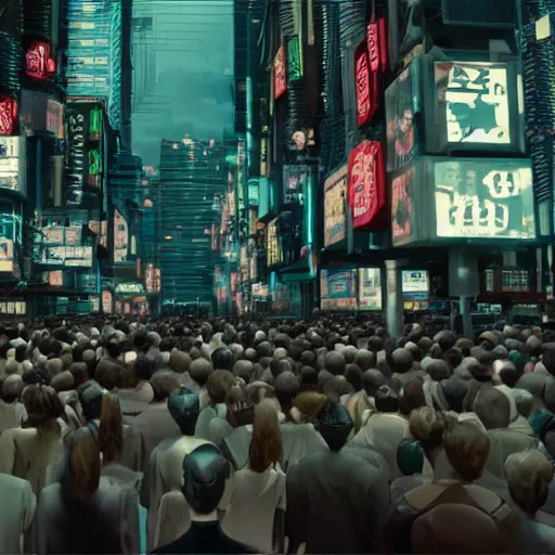 Prompt: award-winning cinematic still of a crowd of human clones, highly-detailed, establishing shot, cyberpunk style