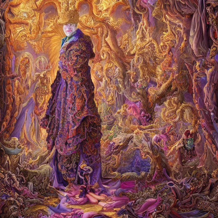 Image similar to beautiful oil painting, full length portrait of dauphinois in baroque coronation robes 1701, Dan Mumford, Dan Mumford, Alex grey, highly detailed , lsd visuals, dmt fractal patterns, hallucinogen, visionary art, psychedelic art, ornate, vaporwave, baroque, Greg rutkowski