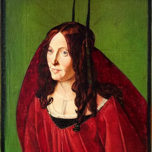 Prompt: portrait of a 40 years old women, dark red hair, green eyes, in medieval clothing, Baroque painting