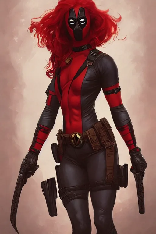 Image similar to portrait of a girl wearing deadpool costumes, upper body, red hair, long hair, d & d, fantasy, fierce, sharp features, intricate, elegant, highly detailed, digital painting, artstation, concept art, matte, sharp focus, illustration, art by artgerm and greg rutkowski and alphonse mucha