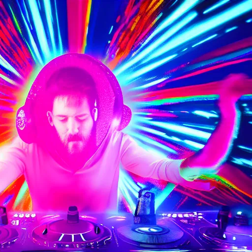 Prompt: focused shot of a wizard DJing a dance party, psychedelic colors, hyper realistic, 4k render