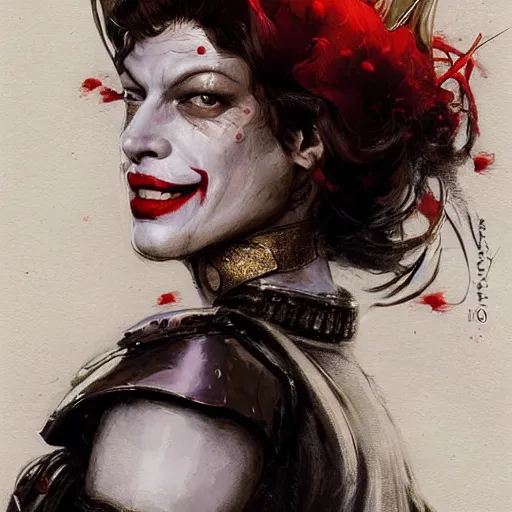 Prompt: joker as an attractive young smiling woman played by milla jovovich wearing a mushroom crown and heavy armoured wedding dress, face portrait, hd shot, digital portrait, elegant, beautiful, fantasy art, artstation, comic style, by artgerm, guy denning, jakub rozalski, magali villeneuve and charlie bowater