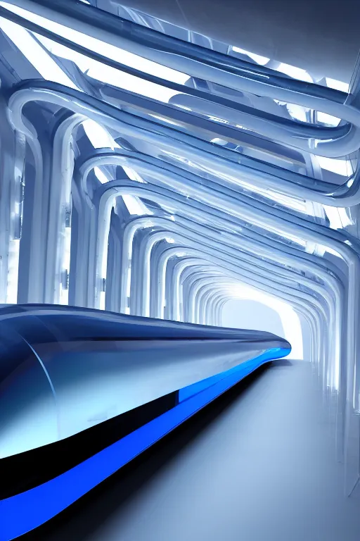 Prompt: transparent long clear dark blue plastic hyperloop by zaha hadid with ray tracing glowing in the dark, dark moody monochrome colors,
