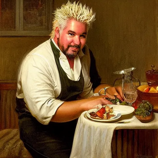 Prompt: Guy Fieri in a modern restaurant kitchen, painting by Pierre Auguste Cot, dramatic lighting, at night