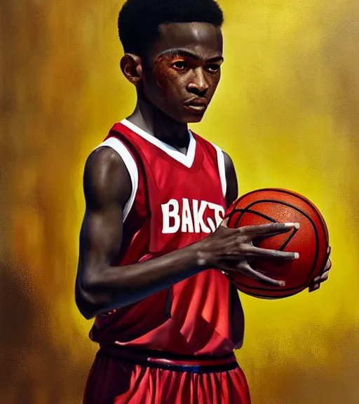 Prompt: portrait of a boy at a basketball court playing basketball wearing a basketball uniform in a basketball court standing near the basketball hoop, painted in 2040, intense emotion, detailed facial expression, detailed surroundings, intricate, elegant, highly detailed, centered, digital painting, artstation, concept art, smooth, sharp focus, illustration, by (Peter Mohrbacher), WLOP