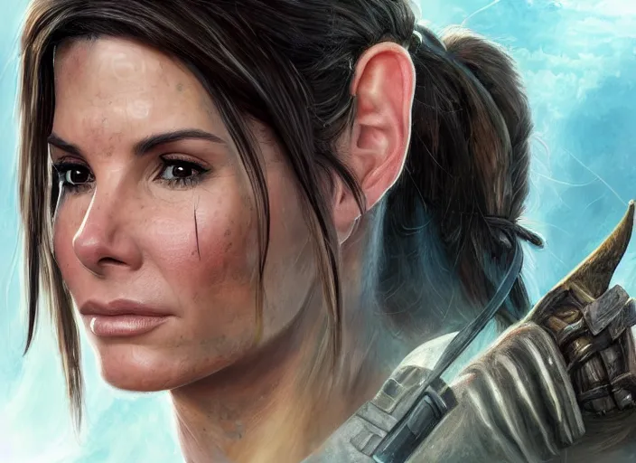 Image similar to face portrait of concentrated young Sandra Bullock as Lara Croft with pig-tails entering an incredible epic ruin, glorious sun beams, intricate, elegant, highly detailed, digital painting, short focus, illustration, Allan Lee, John Howe