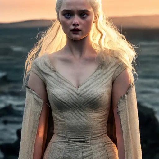 Prompt: bella heathcote as daenerys targaryen golden hour cinematic