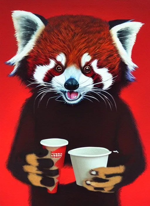 Image similar to red panda, paper cup, fantasy, surreal, highly detailed, digital painting, artstation, concept art, illustration, art by patrick james woodroffe!!!