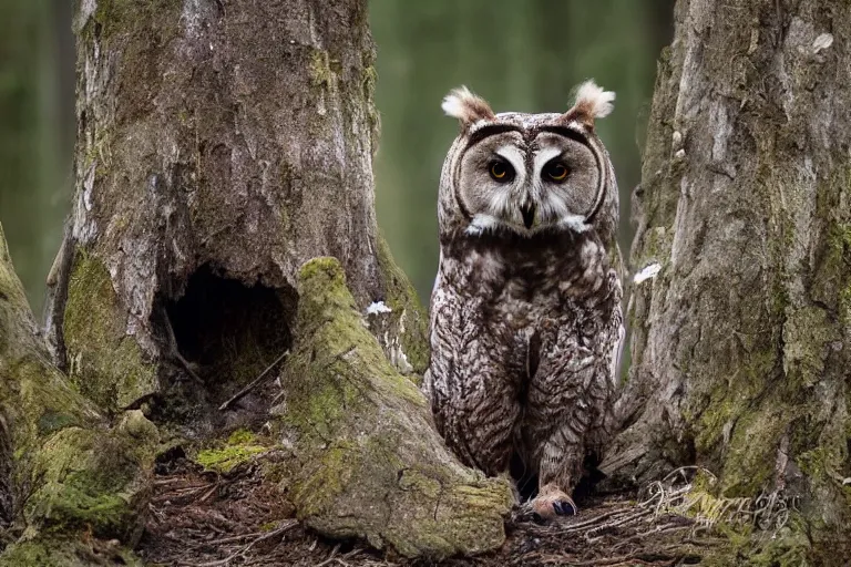 Prompt: wildlife photography of an Owl bear hybrid bear owl by Emmanuel Lubezki