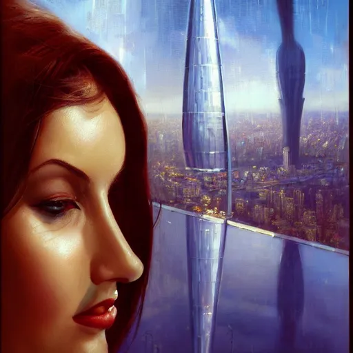 Image similar to detailed face of an arabic woman, tectonic cityscape, skydome, reactor, utopian, wet reflections, prism, atmospheric, ambient, pj crook, syd mead, livia prima, artgerm, greg rutkowski, nick alm, casey baugh