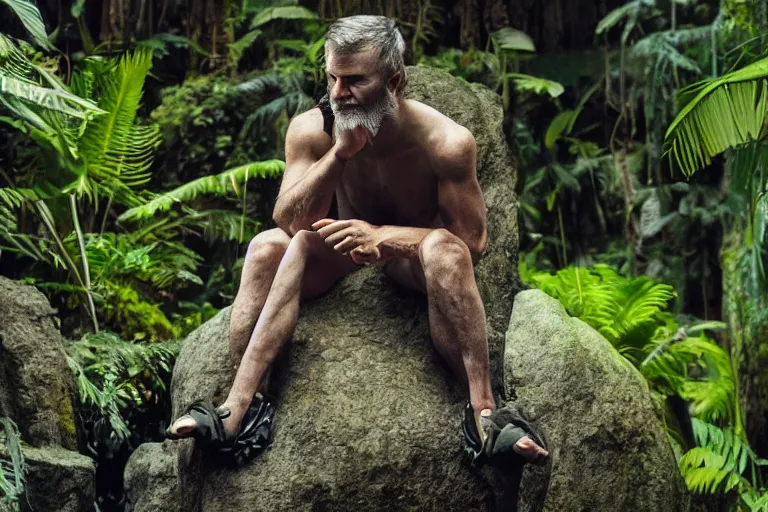 Image similar to movie closeup young man with a grey beard in a cyberpunk suit sitting on a futuristic chair at the edge of a jungle waterfall by emmanuel lubezki