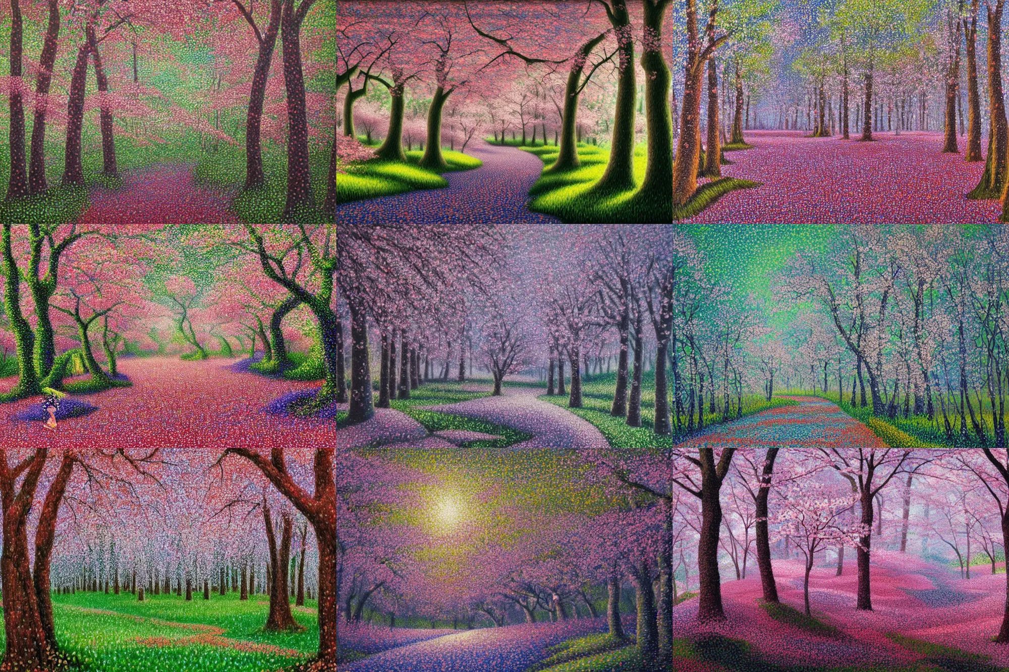 Prompt: Cherry blossom forest, high quality pointillism, award winning, trending on ArtStation