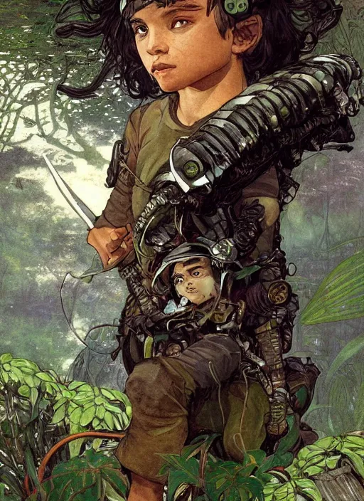 Image similar to portrait of a little cyborg warrior boy character sitting on top of a giant armored tiger a lush jungle, epic character with dark skin and beautiful green eyes. the boy has a very beautiful detailed symmetrical face, long black hair. diffuse night light, dramatic landscape, fantasy illustration, matte painting by mucha