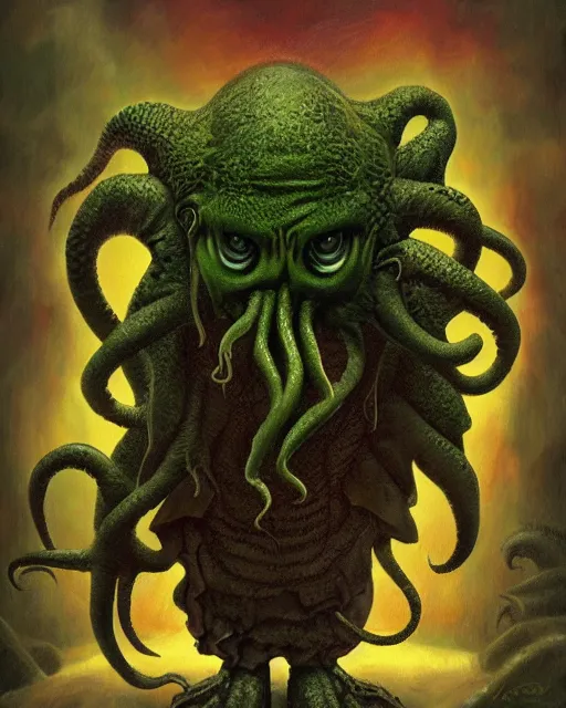 Prompt: cthulhu ， painting photoshop by mark ryden and pixar and hayao miyazaki, 8 k