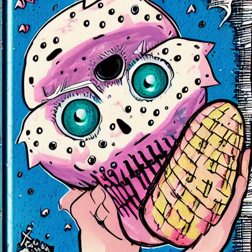 Image similar to crying cute eyes mouth pink ice cream, blue waffle cone, jester themed, intricate concept art, thick line drawing, 1 9 8 3 horror painted book cover art