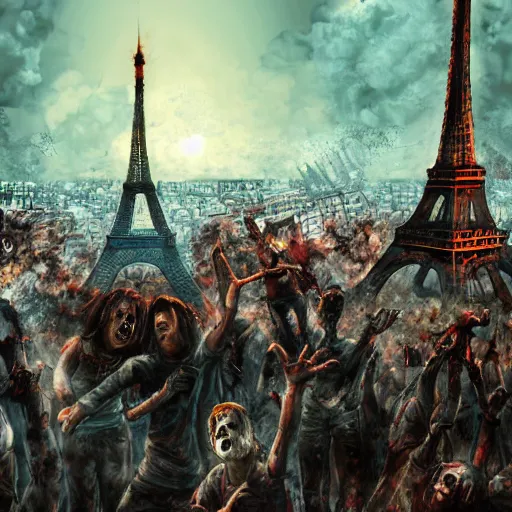 Prompt: A Guy standing a top of Eiffel tower, Zombie apocalypse, Zombie everywhere, Fire everywhere, Building destroyed, People screaming, Horde of zombies, digital art, anime style,