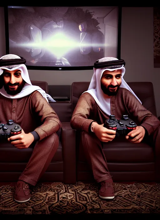 Image similar to portrait, twins playing video games, sheik mohammad ruler of dubai, hyperdetailed illustration by irakli nadar and alexandre ferra, intricate linework, unreal engine 5 highly rendered, global illumination, detailed and intricate environment