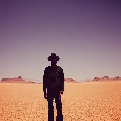 Prompt: A nomad lost in the dessert, photo, analog, detailed, crisp, clarity, dark