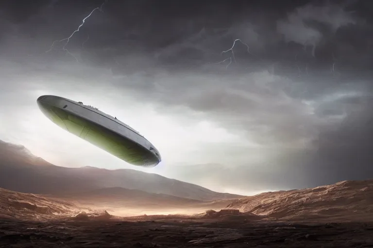 Image similar to a cinematic portrait of a cargo starship designes by rob cobb, landing in a mars base, green clouds and lightning storm, ridley scott and zack snyder, 8 k, hd, high resolution, 8 5 mm, f / 1. 8