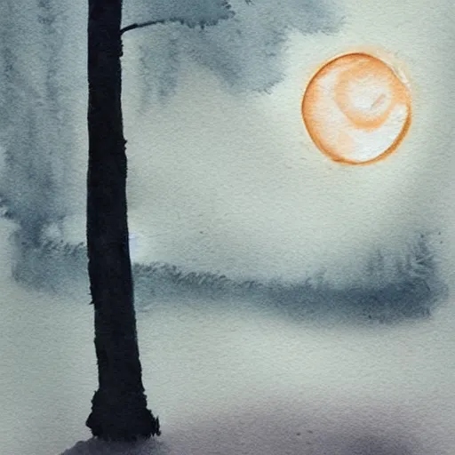 Image similar to This painting has such a feeling of peace and serenity. The tree is so still and calm, despite the wind blowing around it. The moonlight casts a soft glow over everything and the starts seem to be winking at you... watercolor painting, at night