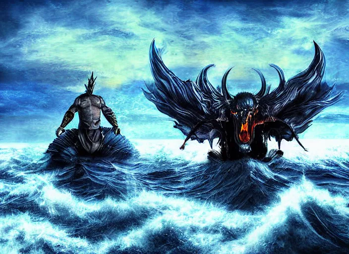 Prompt: a devil rides on the frigid ocean, fantasy art, sun, epic, dramatic, digital art, pain