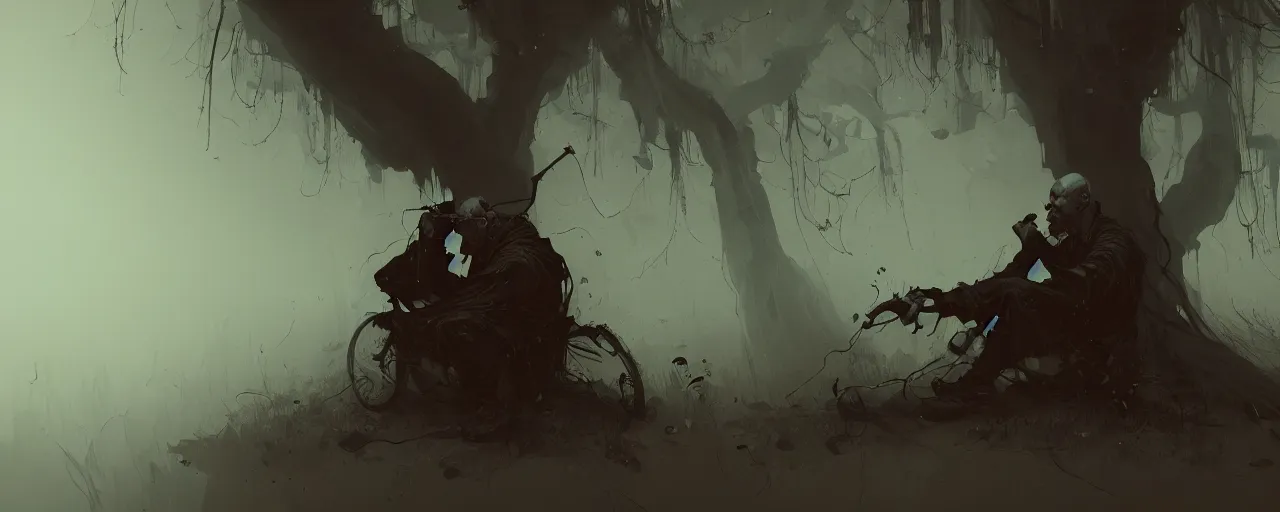 Image similar to duotone noir illustration close up of bald merchant demon sitting below willow tree in medieval brown tunic. foggy evening. dark dream atmosphere with volumetric hellish lighting, by sachin teng and sergey kolesov and ruan jia and heng z. graffiti art, scifi, fantasy, hyper detailed. octane render. concept art. trending on artstation