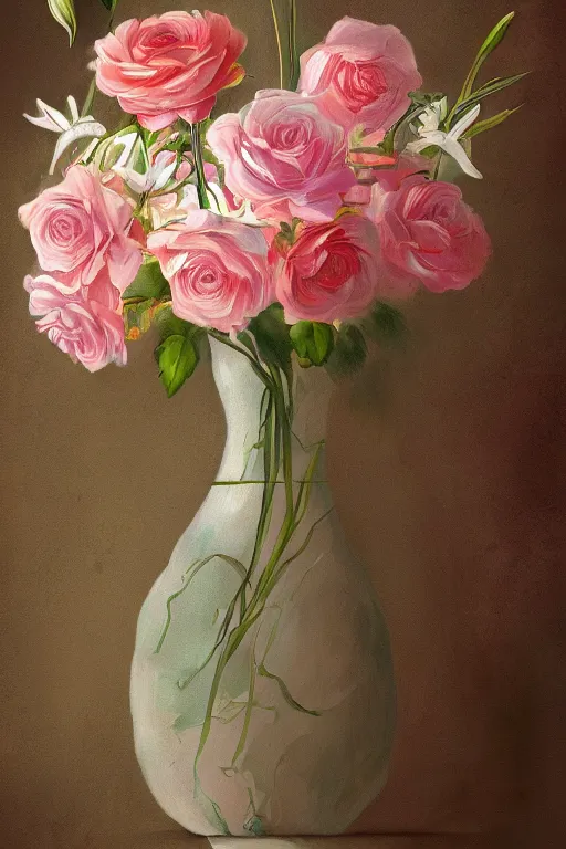 Prompt: beautiful digital matter cinematic painting of whimsical botanical illustration of roses and lilies vase, whimsical scene bygreg rutkowki artstation