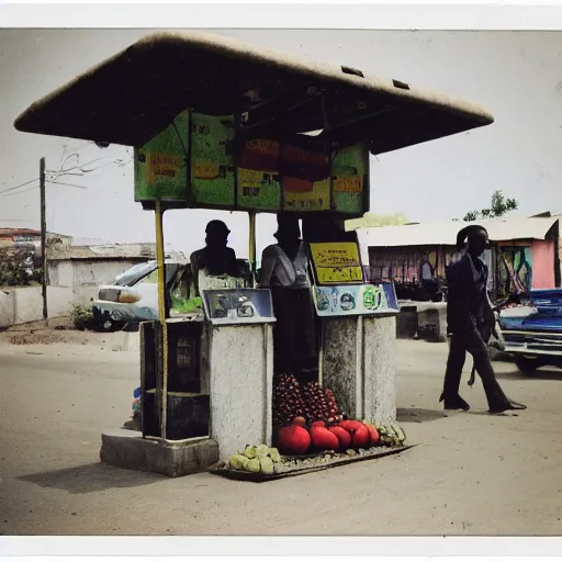 Image similar to old polaroids of futuristic african bus stops with informal sellers and digital screens, women selling fruit, autonomous african busses
