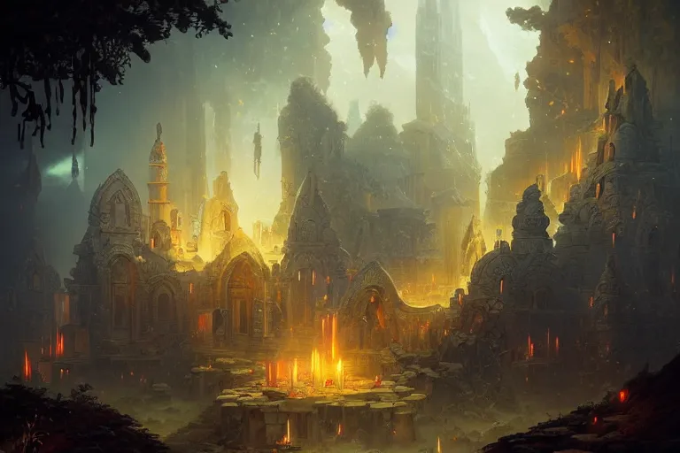 Prompt: Detailed Exterior of Temple Ruins, Embers Particles, Smoke Billow, light of god, light shafts, candles, stunning atmosphere, in Style of Peter Mohrbacher, cinematic lighting