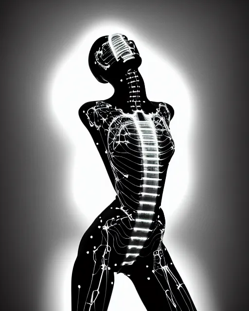 Image similar to black and white cyborg-plant goddess high quality photo, microchip, artificial intelligence, bio-mechanical bio-luminescence, black wired cables, neurons, nerve cells, octane render, cinematic, rim light, hyper realism, photo-realistic, high detail, 8k, masterpiece, high fashion, in the style of Steven Meisel and Dora Maar and H.G. Giger