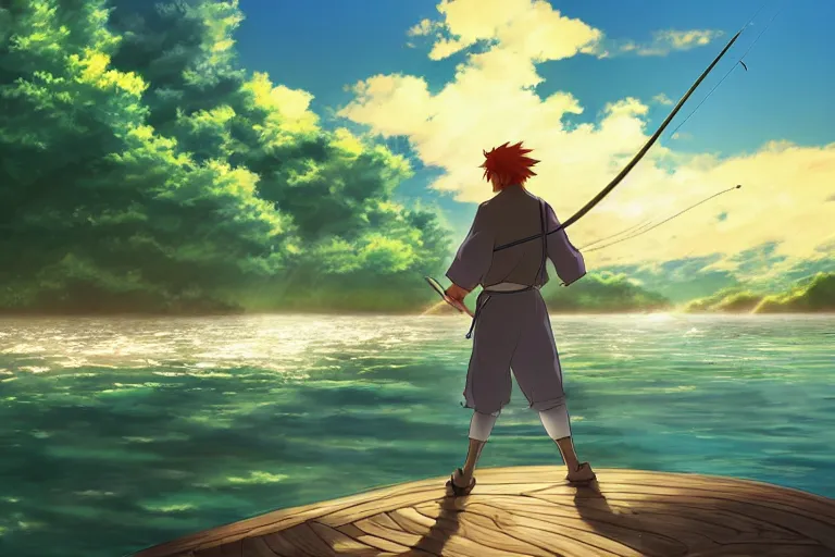 Image similar to cell shaded anime key visual of a fantasy isekai fisherman on a lake in the style of studio ghibli, moebius, makoto shinkai, dramatic lighting