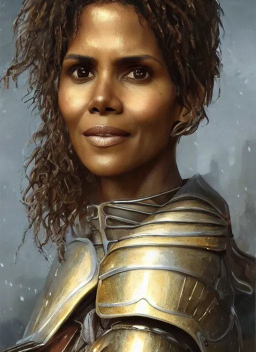 Prompt: portrait of halle berry as a legendary knight warrior, au naturel, hyper detailed, digital art, trending in artstation, cinematic lighting, studio quality, smooth render, unreal engine 5 rendered, octane rendered, art style by klimt and nixeu and ian sprigger and wlop and krenz cushart.