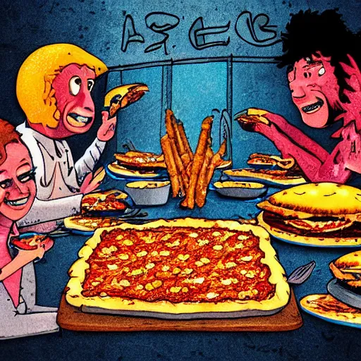 Image similar to aliens making first contact with humans and having a thanksgiving style feast with a table full of pizza, hamburgers, and fried chicken. digital art. faded colors. americana.