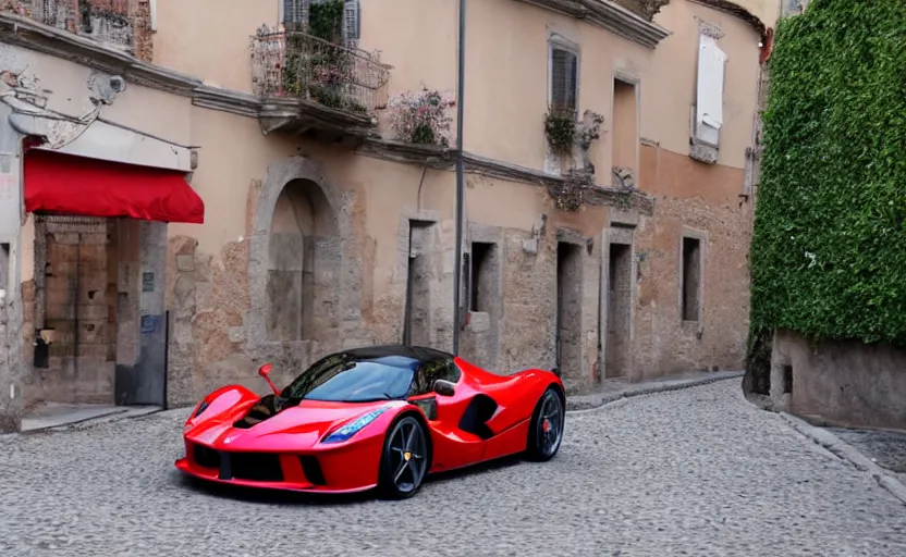 Prompt: a red laferrari in italy streets, photo grammy