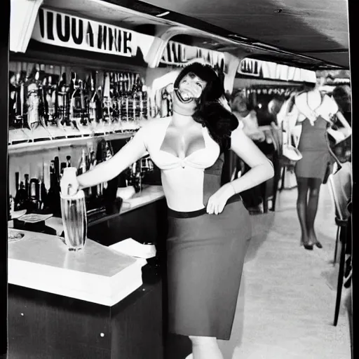 Image similar to Photo of bikini clad flight attendant serving drinks down the aisle, black and white