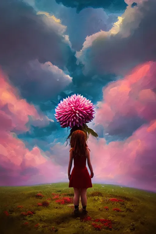 Image similar to closeup girl with giant dahlia flower as head, standing on mountain, surreal photography, blue storm clouds, dramatic light, impressionist painting, digital painting, artstation, simon stalenhag