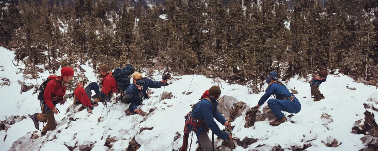 Image similar to hikers climbing over a mound of spaghetti on top of a frozen mountain, canon 5 0 mm, cinematic lighting, photography, retro, film, kodachrome