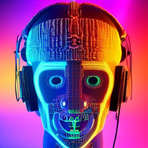 Image similar to a detailed vcyberpunk aztec rococo robot head wearing multicolored wires and headphone, 8 k, front view, symetrical, flourescent colors, halluzinogenic, multicolored, exaggerated detailed, front shot, 3 d render, octane
