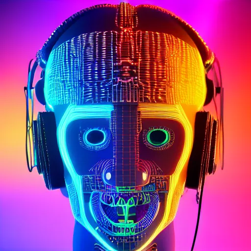 Prompt: a detailed vcyberpunk aztec rococo robot head wearing multicolored wires and headphone, 8 k, front view, symetrical, flourescent colors, halluzinogenic, multicolored, exaggerated detailed, front shot, 3 d render, octane