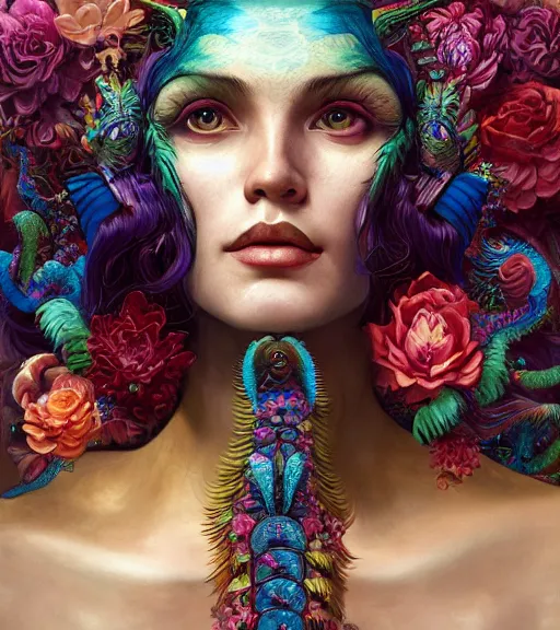 Prompt: portrait of quetzalcoatl, surrounded by flowers by karol bak, moebius, tom bagshaw, rococo, trending on artstation, cinematic lighting, hyper realism, octane render, 8 k, hyper detailed, ink by dave gibbons