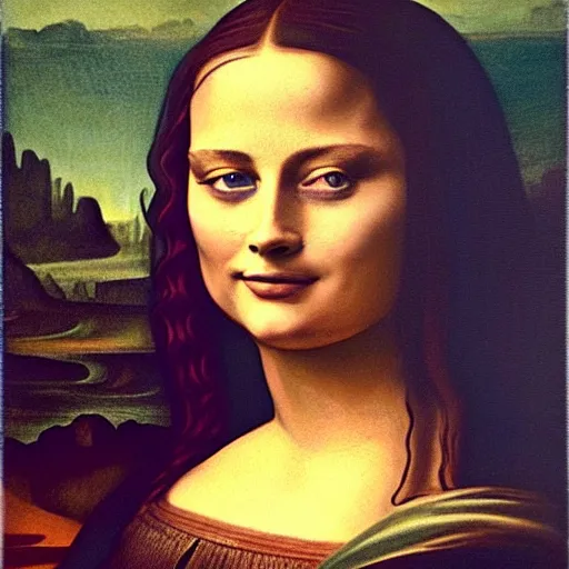 Prompt: painting of Margot Robbie posed in the style of ‘Leonardo Da Vinci's Mona Lisa’, hyperrealistic, moody lighting, golden hour