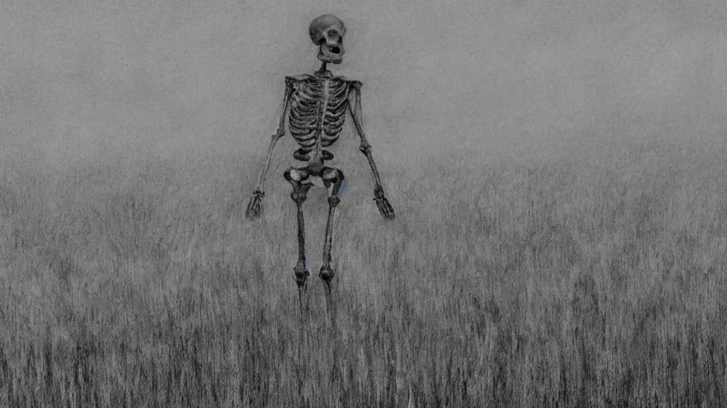 Prompt: a skeleton standing in a stomry, foggy wheat field in style of pierre - auguste renoir,, fine details,