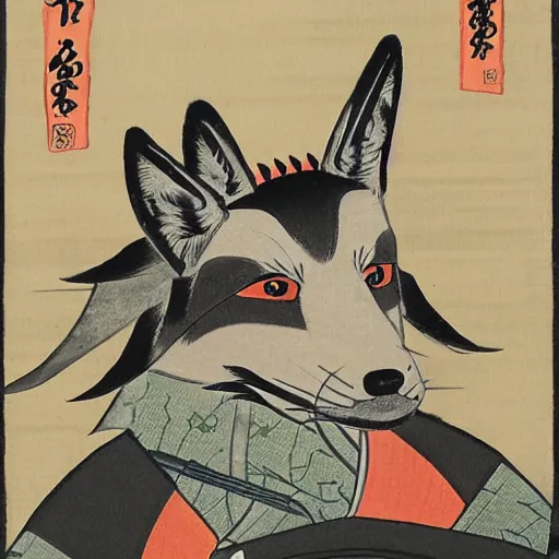 Image similar to Japanese woodblock painting of a foxhound holding a samurai sword