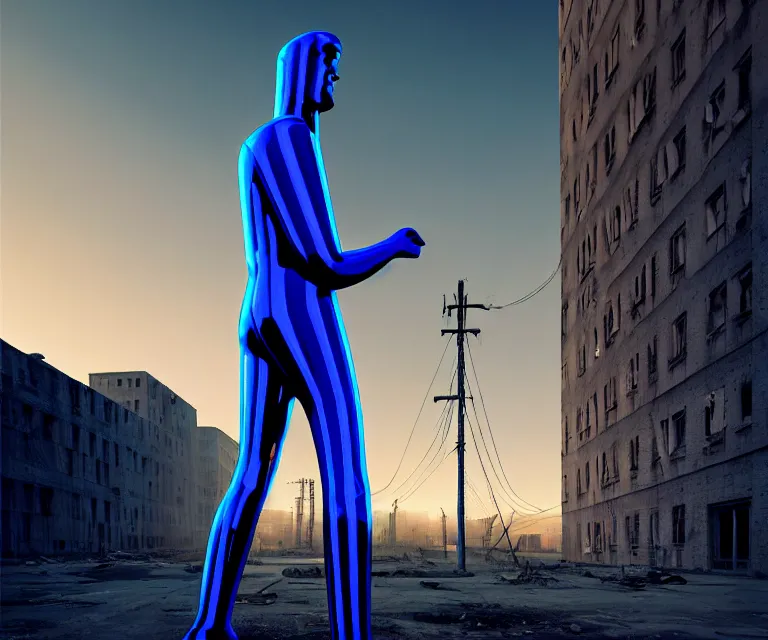 Image similar to tall man consisting of blue translucent shiny material and many sparse steel stripes, standing in huge ruins in the evening. extremely high details, solo, masterpiece, photorealistic, hyperrealism, cinematic, fantasy, octane render, volumetric lighting, depth of field, bokeh, cgsociety by vincent desiderio, shaun downey, daniel e. greene, ed binkley