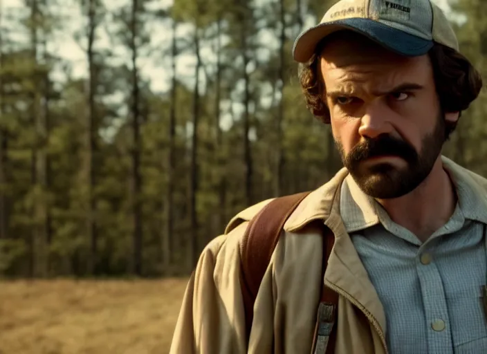 Image similar to film still of jim hopper as joyce byers in stranger things, 8 k