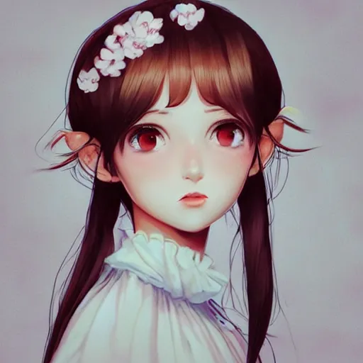 Prompt: little girl with flowers in hair wearing an white dress, art by ilya kuvshinov, profile picture, inspired in hirohiko araki, realistic, highly detailed, anime face